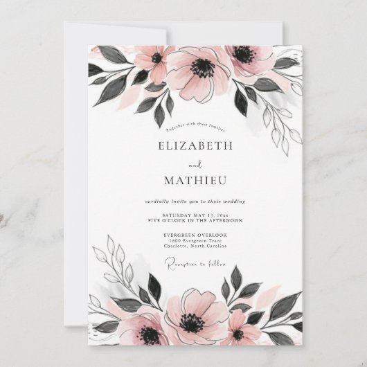 Blush Pink Dainty Anemone Wedding 招待状 (正面)