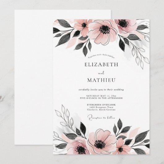 Blush Pink Dainty Anemone Wedding 招待状 (正面/裏面)