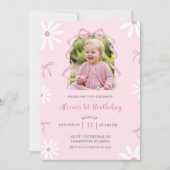 Blush Pink Daisy Bow Girl 1st Birthday with photo 招待状 (正面)