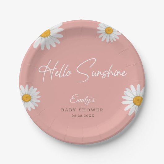 Blush Pink Daisy Hello Sunshine Baby Shower ペーパープレート (正面)