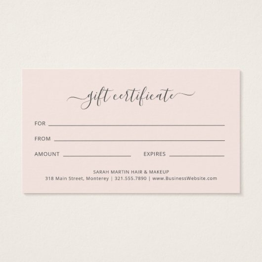 Blush Pink Elegant Beauty Salon Gift Certificate (裏面)