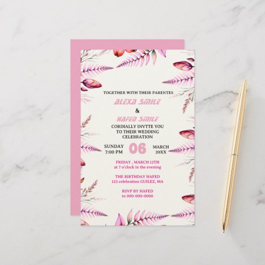 Blush Pink  Elegant Gold Wedding Invitation , Whit 便箋 (正面/裏面インサイチュ)