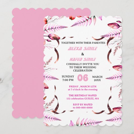 Blush Pink  Elegant Gold Wedding Invitation , Whit 招待状 (正面/裏面)