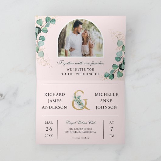 Blush Pink Eucalyptus Arch Photo QR Code Wedding 招待状 (内部)