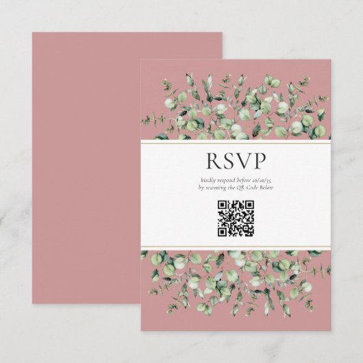 Blush Pink Eucalyptus QR Code Wedding RSVP  エンクロージャーカード (正面/裏面)