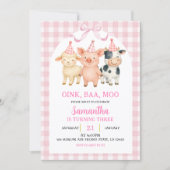 Blush Pink Farm Party Gingham Birthday 招待状 (正面)