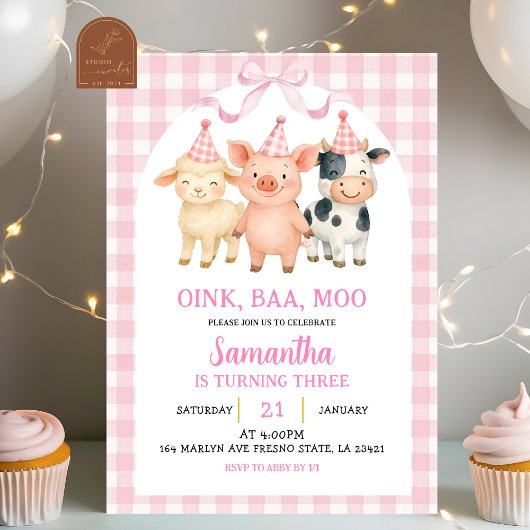 Blush Pink Farm Party Gingham Birthday 招待状