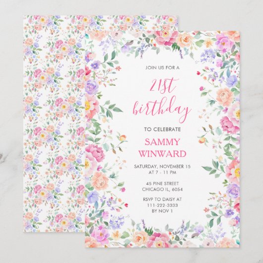 Blush Pink Floral 21st Birthday Wildflower Party 招待状 (正面/裏面)