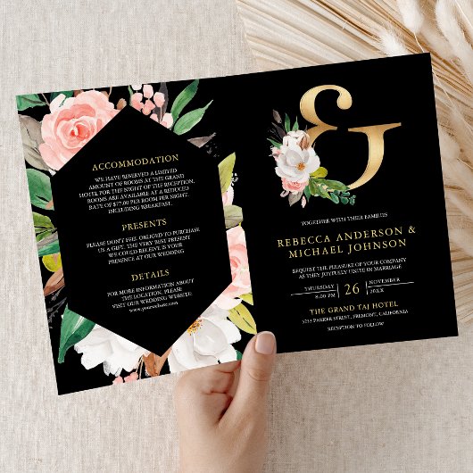 Blush Pink Floral Ampersand Black QR Code Wedding 招待状