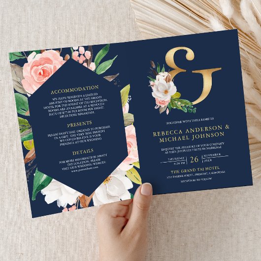 Blush Pink Floral Ampersand Navy QR Code Wedding 招待状
