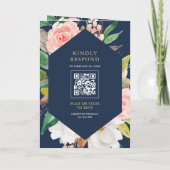 Blush Pink Floral Ampersand Navy QR Code Wedding 招待状 (裏面)