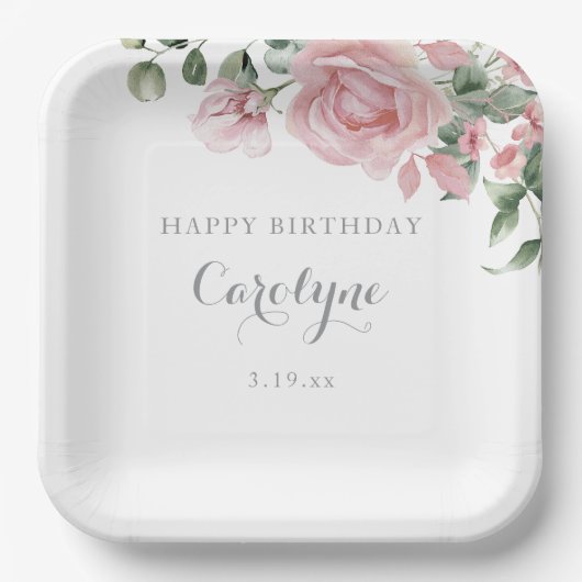 Blush Pink Floral Birthday Paper Plate ペーパープレート (正面)