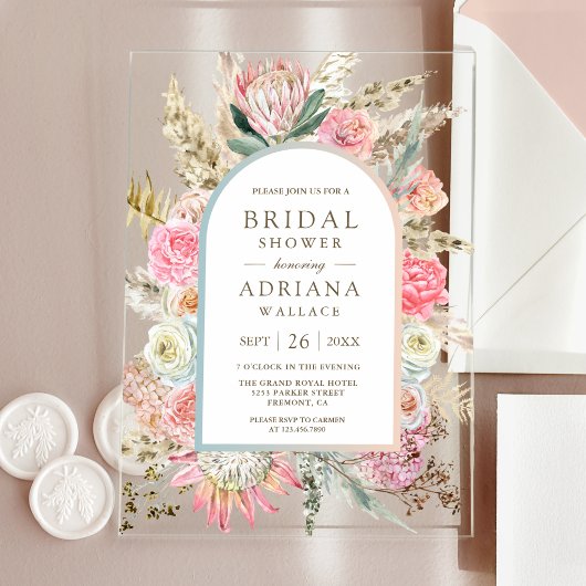 Blush Pink Floral Boho Pampas Grass Bridal Shower アクリル招待状