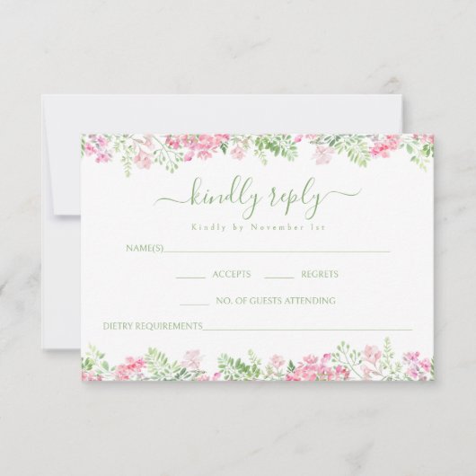 Blush Pink Floral Boho Summer wedding RSVP cards (正面)