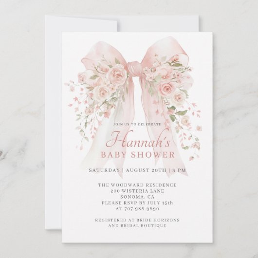 Blush Pink Floral Bow Girl Baby Shower 招待状 (正面)