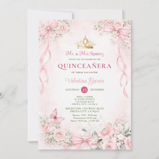 Blush Pink Floral Bow Ribbon Quinceañera 招待状 (正面)