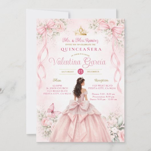 Blush Pink Floral Bow Ribbon Quinceañera 招待状 (正面)