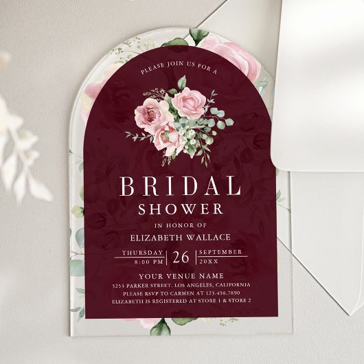 Blush Pink Floral Burgundy Bridal Shower アクリル招待状