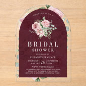 Blush Pink Floral Burgundy Bridal Shower アクリル招待状 (正面)