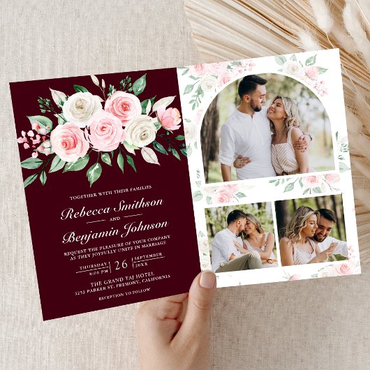 Blush Pink Floral Burgundy QR Code Wedding 招待状