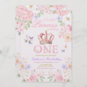  Blush Pink Floral Butterfly Princess 1st Birthday 招待状 (正面/裏面)