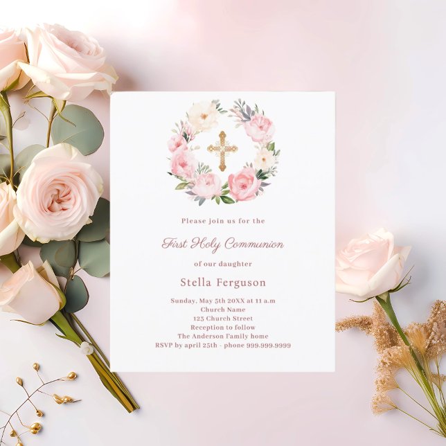 Blush pink floral cross First Communion invitation (クリエイターアップロード済み)