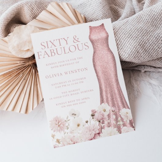 Blush Pink Floral & Dress 60th Birthday Party 招待状