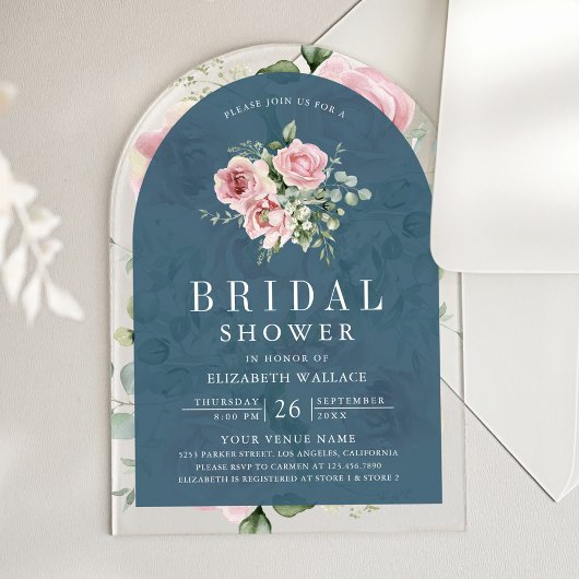 Blush Pink Floral Dusty Blue Bridal Shower アクリル招待状