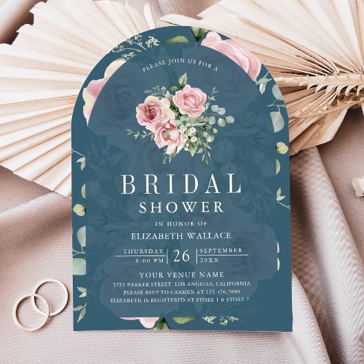 Blush Pink Floral Dusty Blue Bridal Shower 招待状