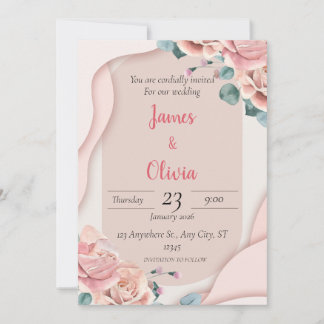 Blush Pink Floral Elegant Wedding Invitation 招待状