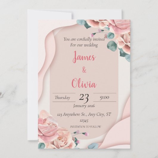Blush Pink Floral Elegant Wedding Invitation 招待状 (正面)