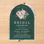 Blush Pink Floral Emerald Green Bridal Shower アクリル招待状 (正面)