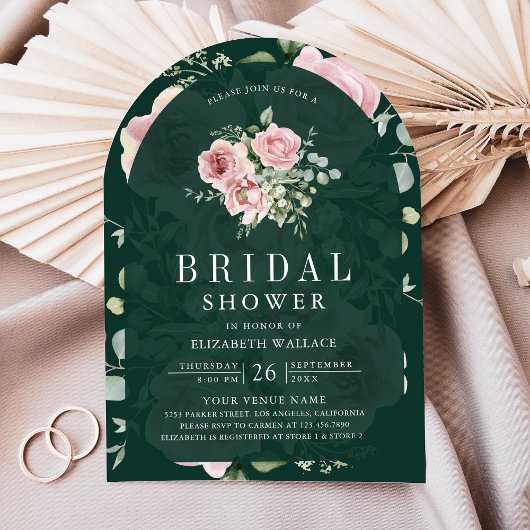 Blush Pink Floral Emerald Green Bridal Shower 招待状