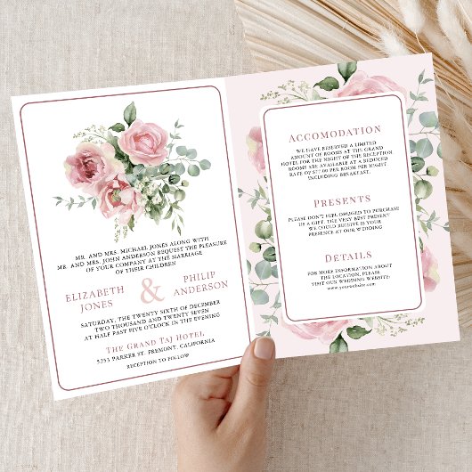 Blush Pink Floral Eucalyptus All in One Wedding 招待状