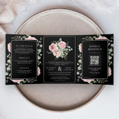Blush Pink Floral Eucalyptus Black QR Code Wedding 三つ折り招待状