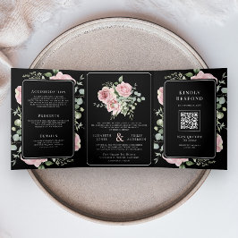 Blush Pink Floral Eucalyptus Black QR Code Wedding 三つ折り招待状