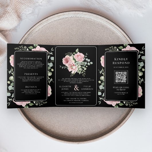 Blush Pink Floral Eucalyptus Black QR Code Wedding 三つ折り招待状