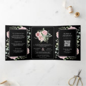 Blush Pink Floral Eucalyptus Black QR Code Wedding 三つ折り招待状 (内部)