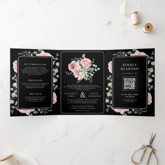 Blush Pink Floral Eucalyptus Black QR Code Wedding 三つ折り招待状 (内部)