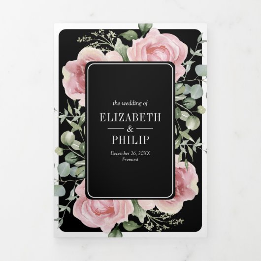 Blush Pink Floral Eucalyptus Black QR Code Wedding 三つ折り招待状 (カバー)