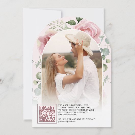 Blush Pink Floral Eucalyptus Black QR Code Wedding 招待状 (裏面)