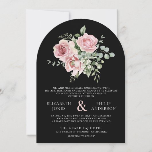 Blush Pink Floral Eucalyptus Black QR Code Wedding 招待状 (正面)