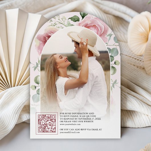 Blush Pink Floral Eucalyptus Black QR Code Wedding 招待状