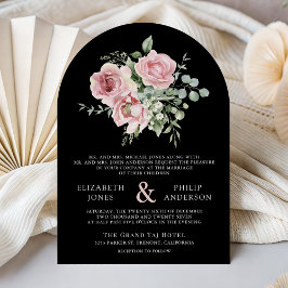 Blush Pink Floral Eucalyptus Black QR Code Wedding 招待状