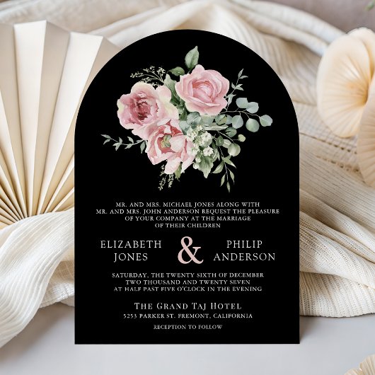 Blush Pink Floral Eucalyptus Black QR Code Wedding 招待状
