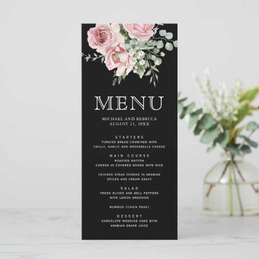 Blush Pink Floral Eucalyptus Black Wedding メニュー (スタンド正面)