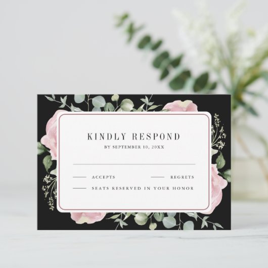 Blush Pink Floral Eucalyptus Black Wedding 出欠カード (スタンド正面)