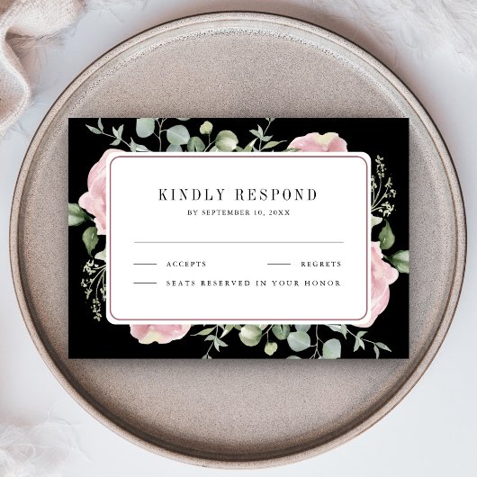 Blush Pink Floral Eucalyptus Black Wedding 出欠カード