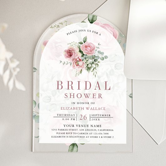 Blush Pink Floral Eucalyptus Bridal Shower アクリル招待状