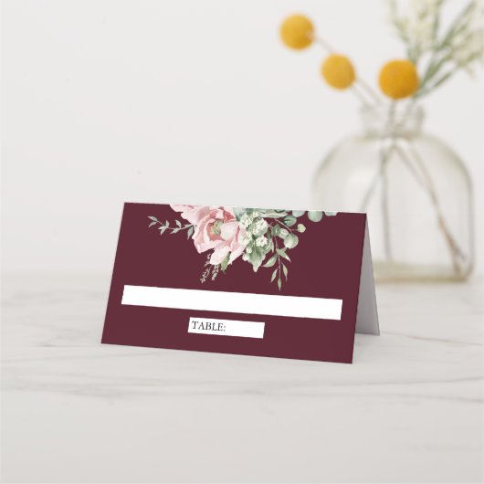 Blush Pink Floral Eucalyptus Burgundy Wedding プレイスカード (正面)